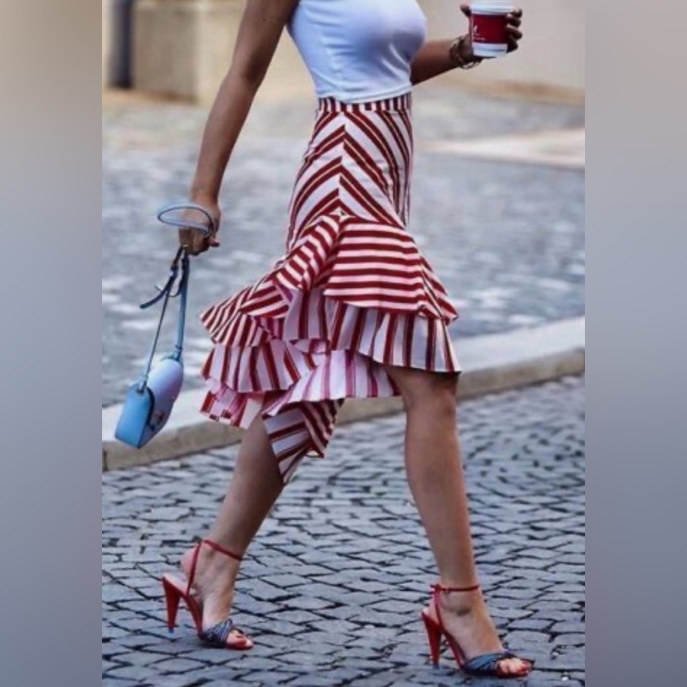 Zara | Asymmetrical Red and White Striped Skirt | M | NWT - Picture 1 of 11